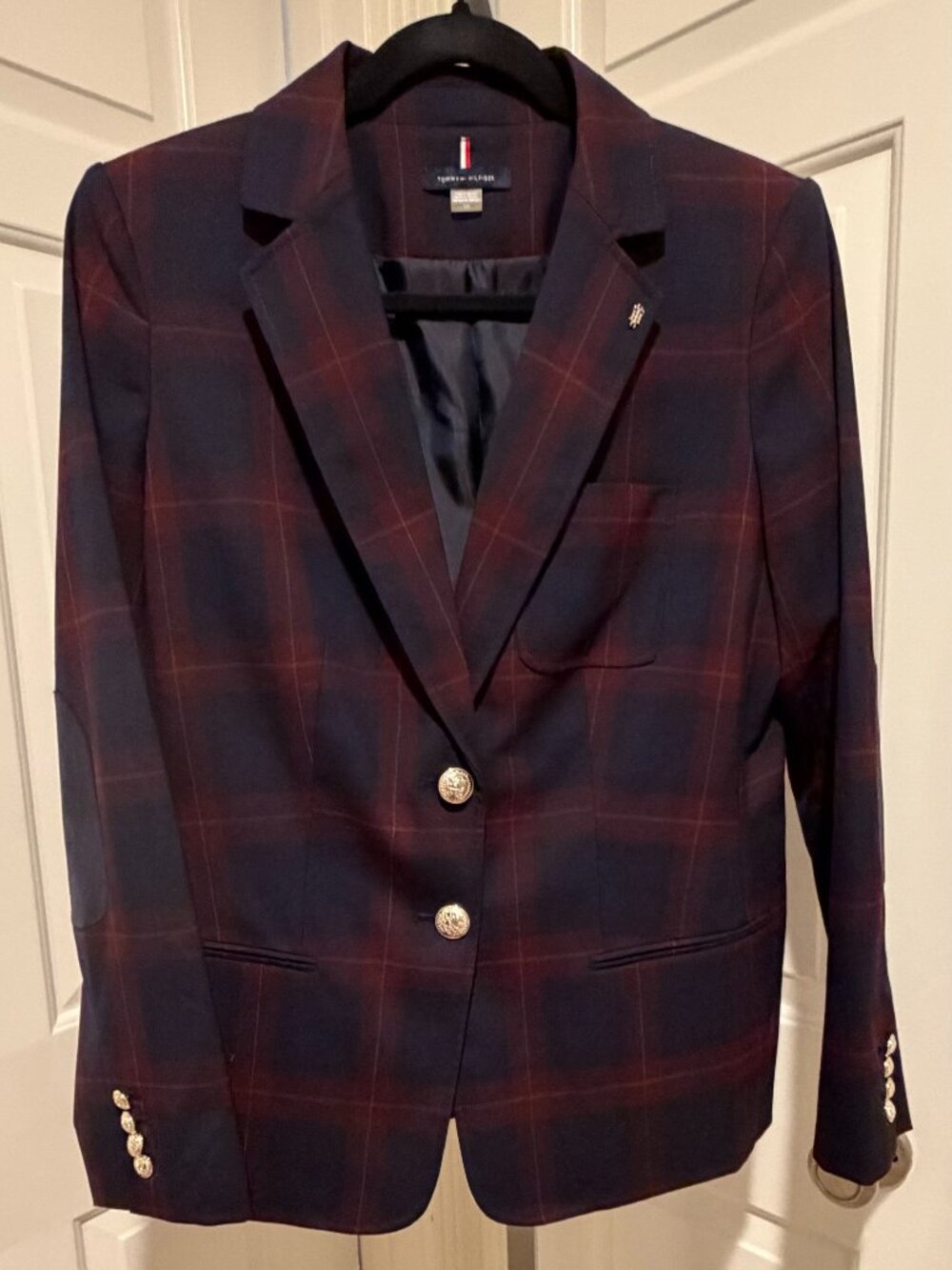Tommy Hilfiger Plaid Blazer Jacket Navy Burgundy Crest Buttons Size 10